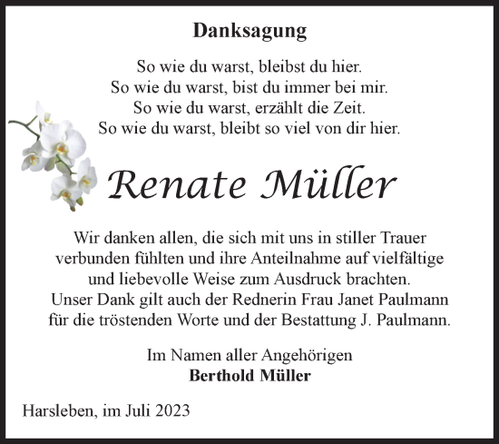 Traueranzeige von Renate Müller von Volksstimme Halberstadt