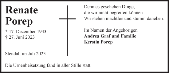 Traueranzeige von Renate Porep von Volksstimme Altmark Ost