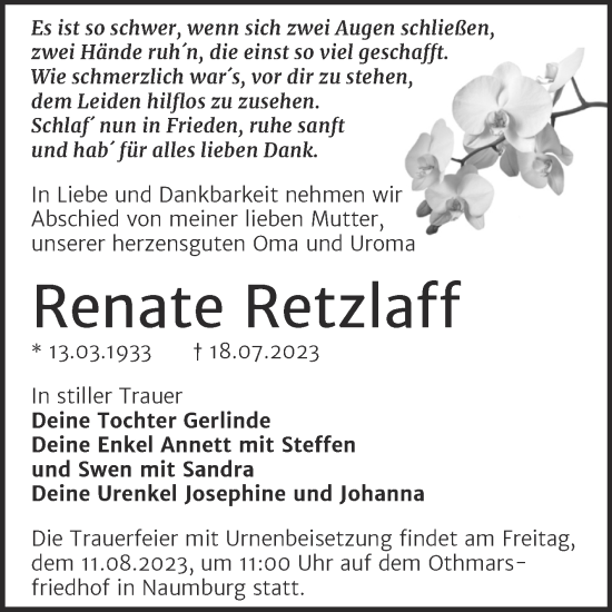Traueranzeige von Renate Retzlaff von Wochenspiegel Naumburg/Nebra