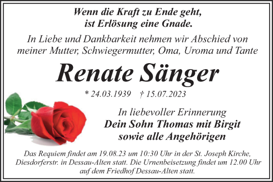 Traueranzeige von Renate Sänger von Trauerkombi Dessau