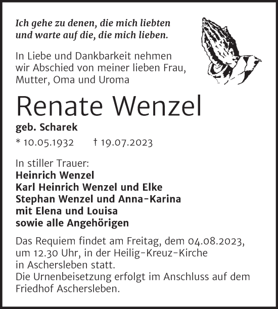 Traueranzeige von Renate Wenzel von Trauerkombi Aschersleben