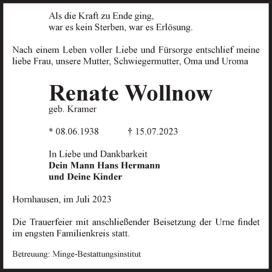 Traueranzeige von Renate Wollnow von Volksstimme Oschersleben/Wanzleben