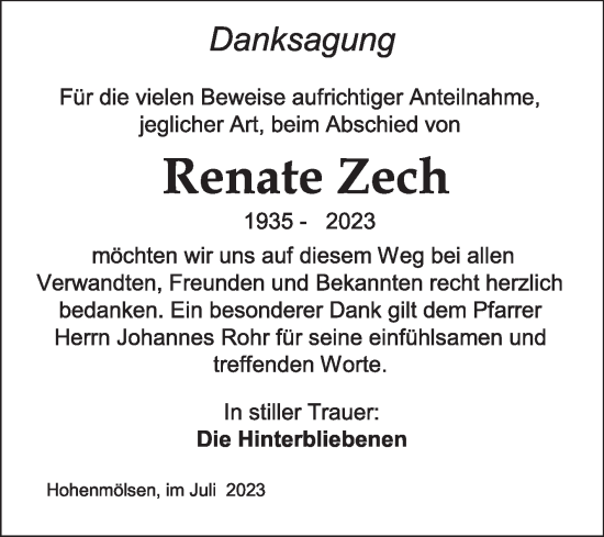 Traueranzeige von Renate Zech von Trauerkombi Weißenfels