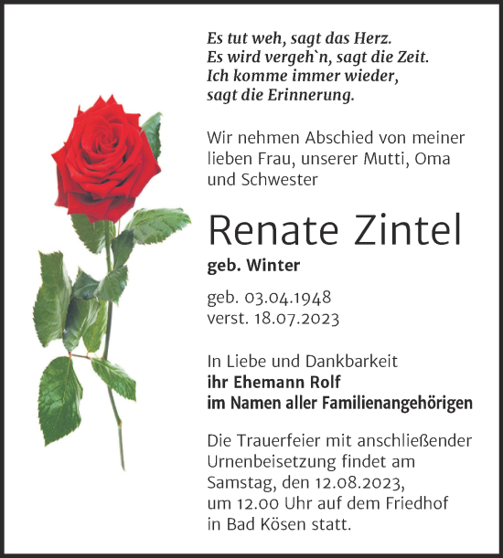 Traueranzeige von Renate Zintel von Wochenspiegel Naumburg/Nebra