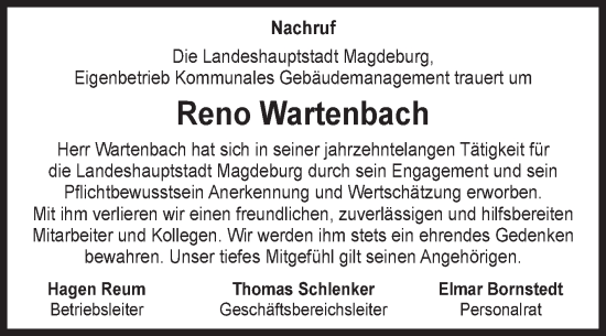 Traueranzeige von Reno Wartenbach von Volksstimme Magdeburg