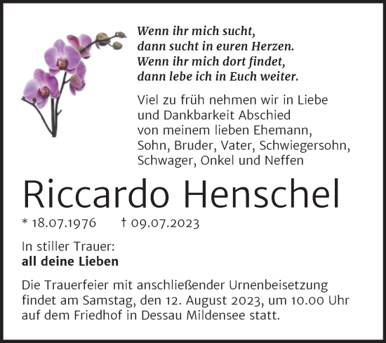 Traueranzeige von Riccardo Henschel von Trauerkombi Dessau