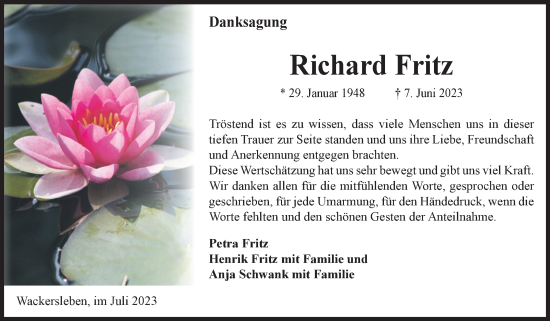 Traueranzeige von Richard Fritz von Volksstimme Oschersleben/Wanzleben