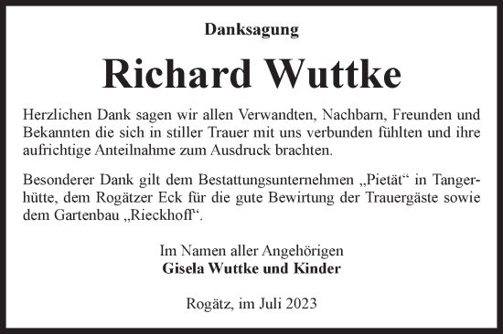 Traueranzeige von Richard Wuttke von Volksstimme Haldensleben/Wolmirstedt