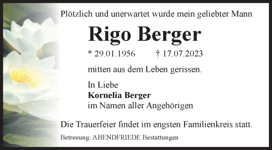 Traueranzeige von Rigo Berger von Volksstimme Magdeburg