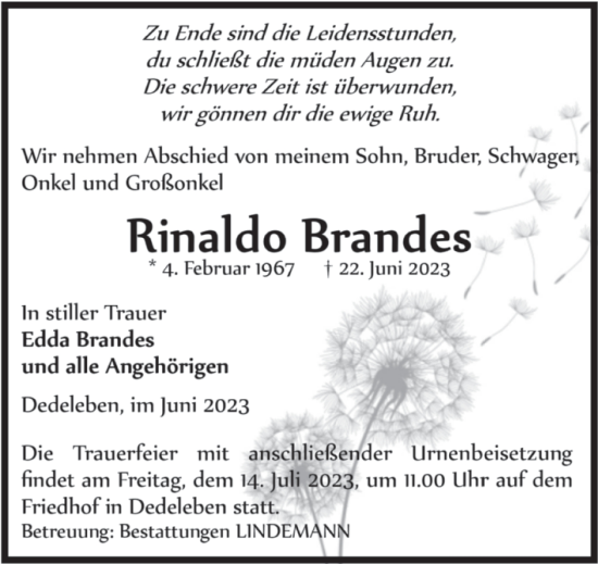 Traueranzeige von Rinaldo Brandes von Volksstimme Halberstadt