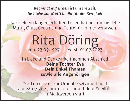 Traueranzeige von Rita Döring von Trauerkombi Weißenfels