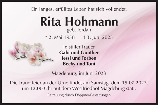 Traueranzeige von Rita Hohmann von Volksstimme Magdeburg