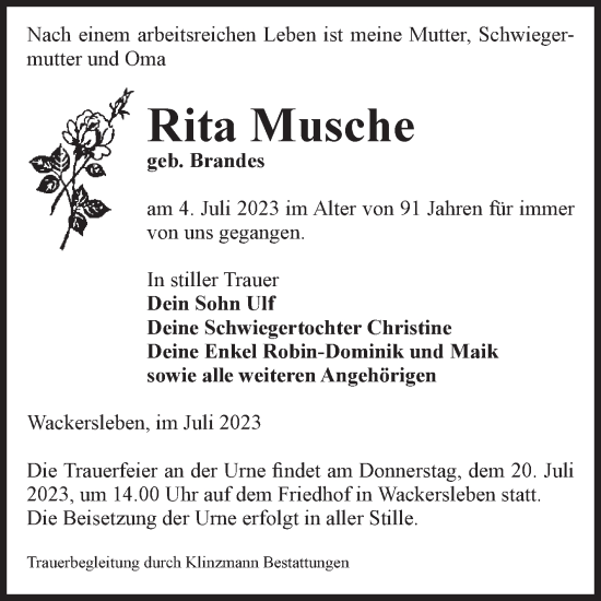 Traueranzeige von Rita Musche von Volksstimme Oschersleben/Wanzleben