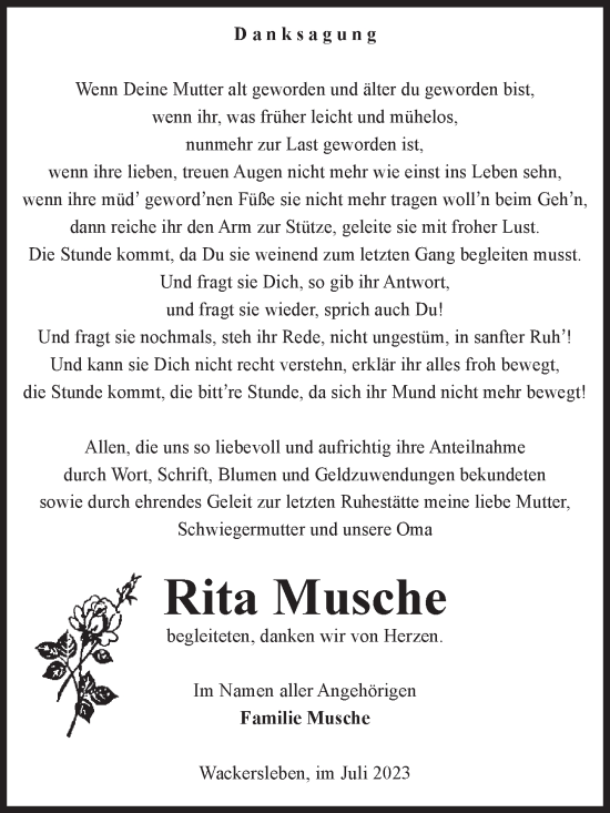Traueranzeige von Rita Musche von Volksstimme Oschersleben/Wanzleben