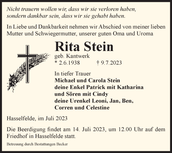 Traueranzeige von Rita Stein von Volksstimme Wernigerode