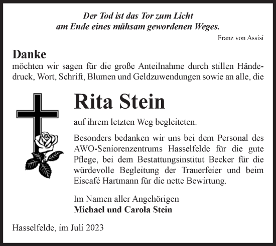Traueranzeige von Rita Stein von Volksstimme Wernigerode