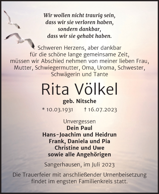 Traueranzeige von Rita Völkel von Trauerkombi Sangerhausen