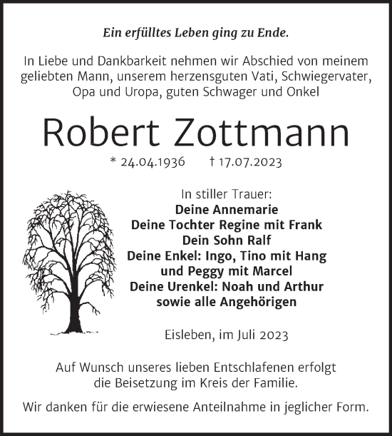Traueranzeige von Robert Zottmann von Trauerkombi Mansfelder Land