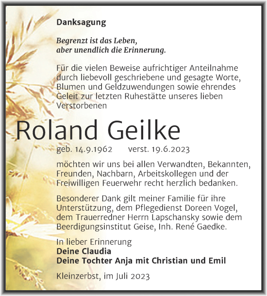 Traueranzeige von Roland Geilke von Trauerkombi Köthen
