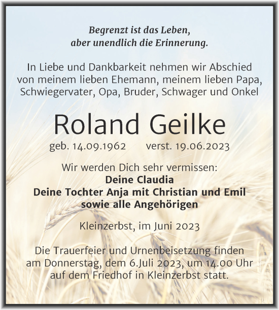 Traueranzeige von Roland Geilke von Trauerkombi Köthen