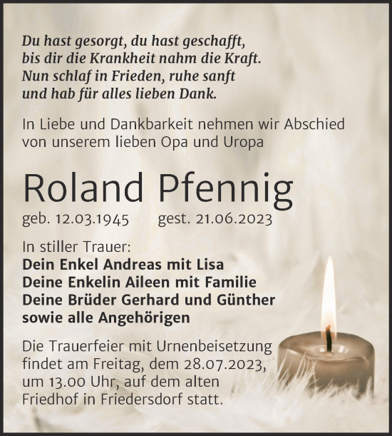 Traueranzeige von Roland Pfennig von Trauerkombi Bitterfeld