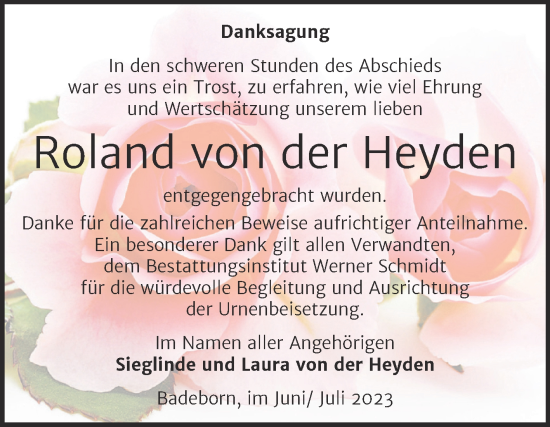 Traueranzeige von Roland von der Heyden von Trauerkombi Quedlinburg
