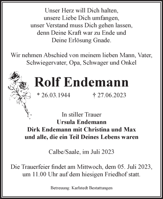 Traueranzeige von Rolf Endemann von Volksstimme Schönebeck