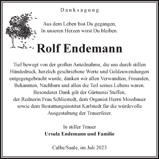 Traueranzeige von Rolf Endemann von Volksstimme Schönebeck