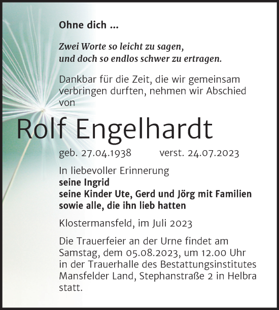 Traueranzeige von Rolf Engelhardt von Trauerkombi Mansfelder Land