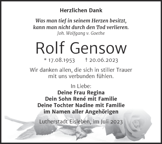 Traueranzeige von Rolf Gensow von Trauerkombi Mansfelder Land