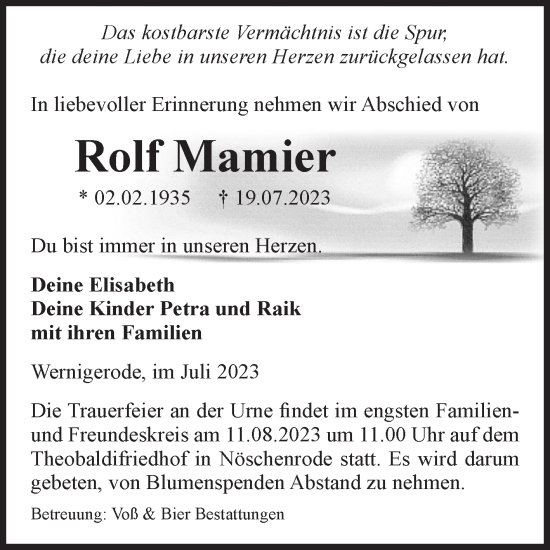 Traueranzeige von Rolf Mamier von Volksstimme Wernigerode