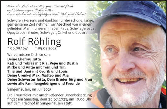 Traueranzeige von Rolf Röhling von Trauerkombi Sangerhausen