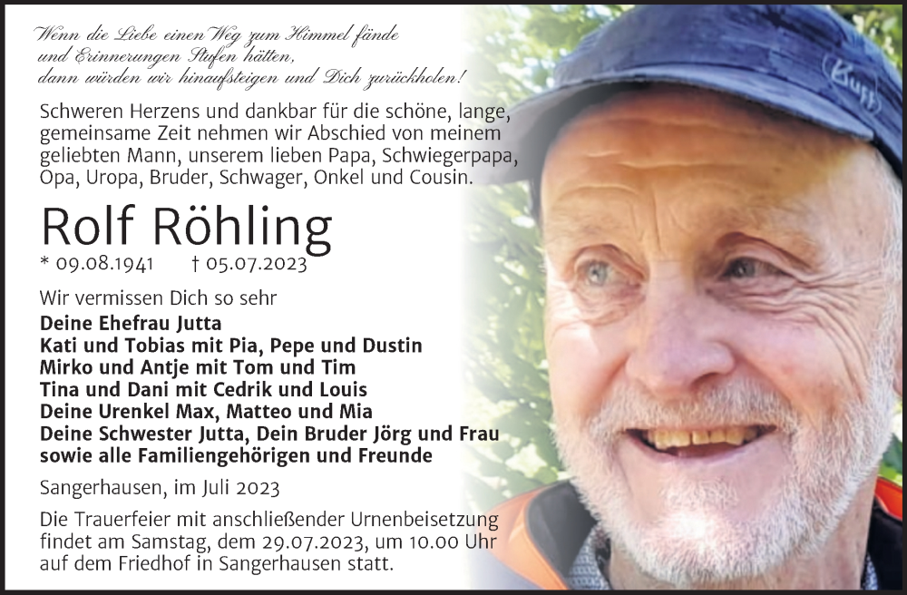  Traueranzeige für Rolf Röhling vom 19.07.2023 aus Trauerkombi Sangerhausen