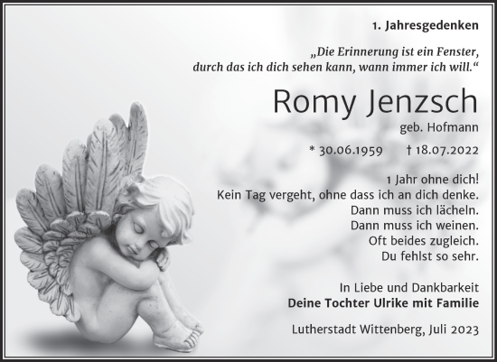 Traueranzeige von Romy Jenzsch von Trauerkombi Wittenberg