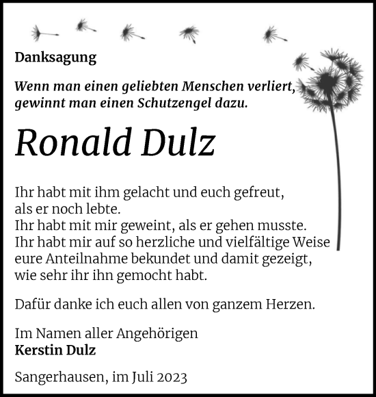Traueranzeige von Ronald Dulz von Trauerkombi Sangerhausen