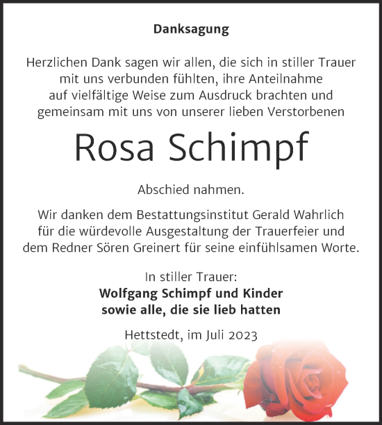 Traueranzeige von Rosa Schimpf von Trauerkombi Mansfelder Land
