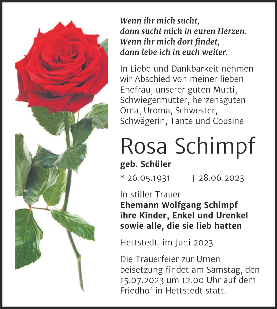  Traueranzeige für Rosa Schimpf vom 07.07.2023 aus Trauerkombi Mansfelder Land