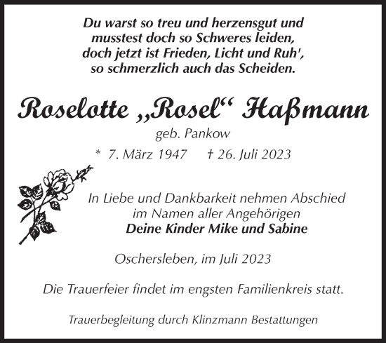 Traueranzeige von Roselotte Haßmann von Volksstimme Oschersleben/Wanzleben