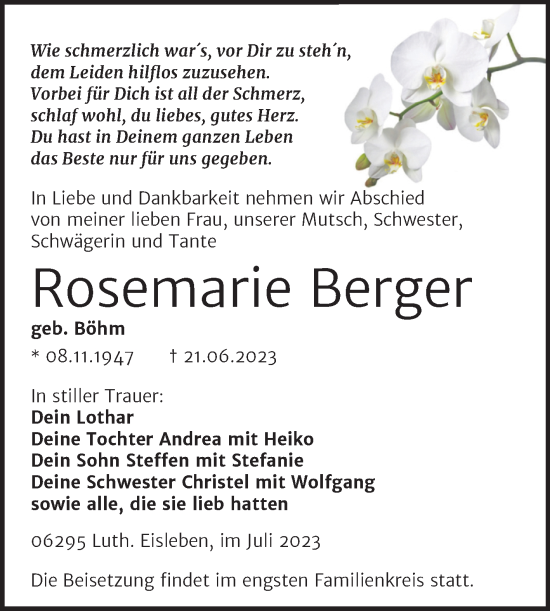 Traueranzeige von Rosemarie Berger von Trauerkombi Mansfelder Land