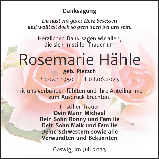 Traueranzeige von Rosemarie Hähle von Trauerkombi Wittenberg