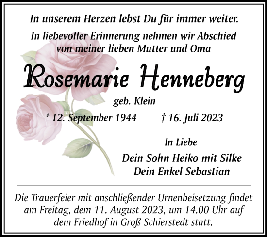 Traueranzeige von Rosemarie Henneberg von Trauerkombi Aschersleben