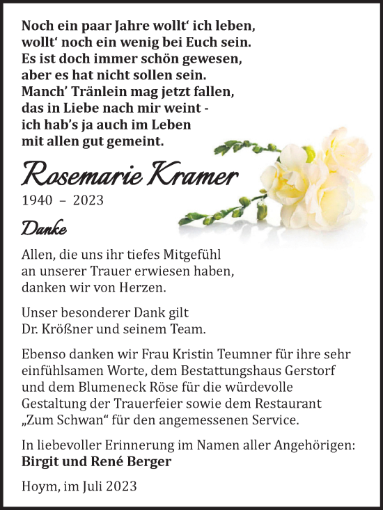 Traueranzeige von Rosemarie Kramer von Trauerkombi Aschersleben