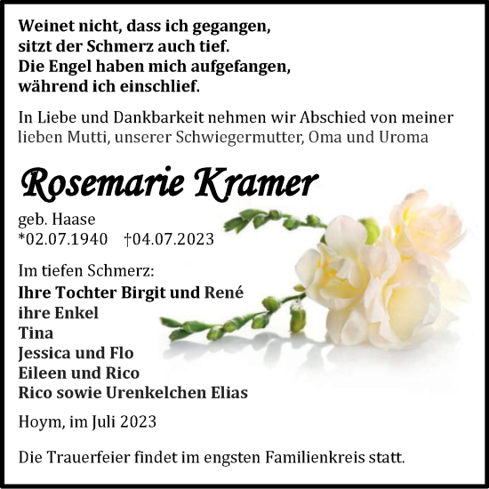 Traueranzeige von Rosemarie Kramer von Trauerkombi Aschersleben