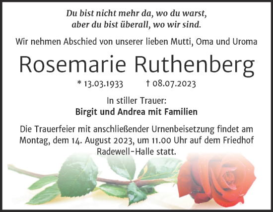 Traueranzeige von Rosemarie Ruthenberg von Mitteldeutsche Zeitung Halle/Saalkreis