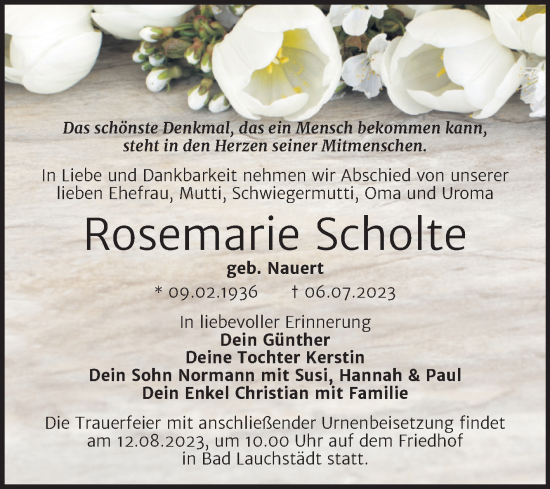 Traueranzeige von Rosemarie Scholte von Trauerkombi Merseburg
