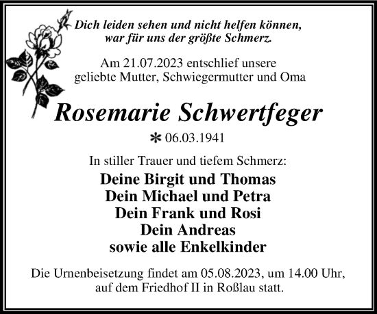 Traueranzeige von Rosemarie Schwertfeger von Trauerkombi Dessau