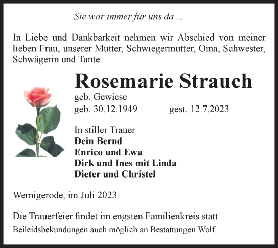 Traueranzeige von Rosemarie Strauch von Volksstimme Wernigerode