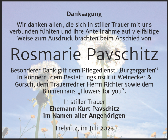 Traueranzeige von Rosmarie Pavschitz von Trauerkombi Bernburg