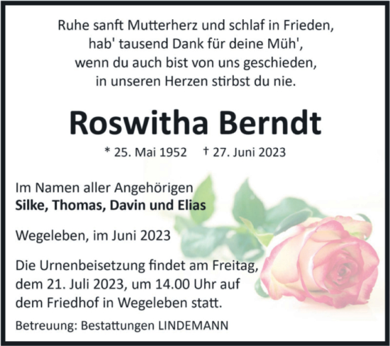 Traueranzeige von Roswitha Berndt von Volksstimme Halberstadt