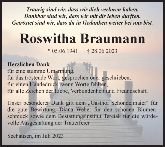 Traueranzeige von Roswitha Braumann von Volksstimme Oschersleben/Wanzleben